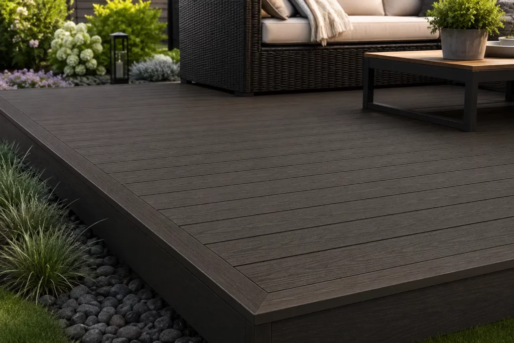A detailed view of composite decking with clean board gaps and finished edge trim, showing how fasteners and accessories support a neat and stable deck system.