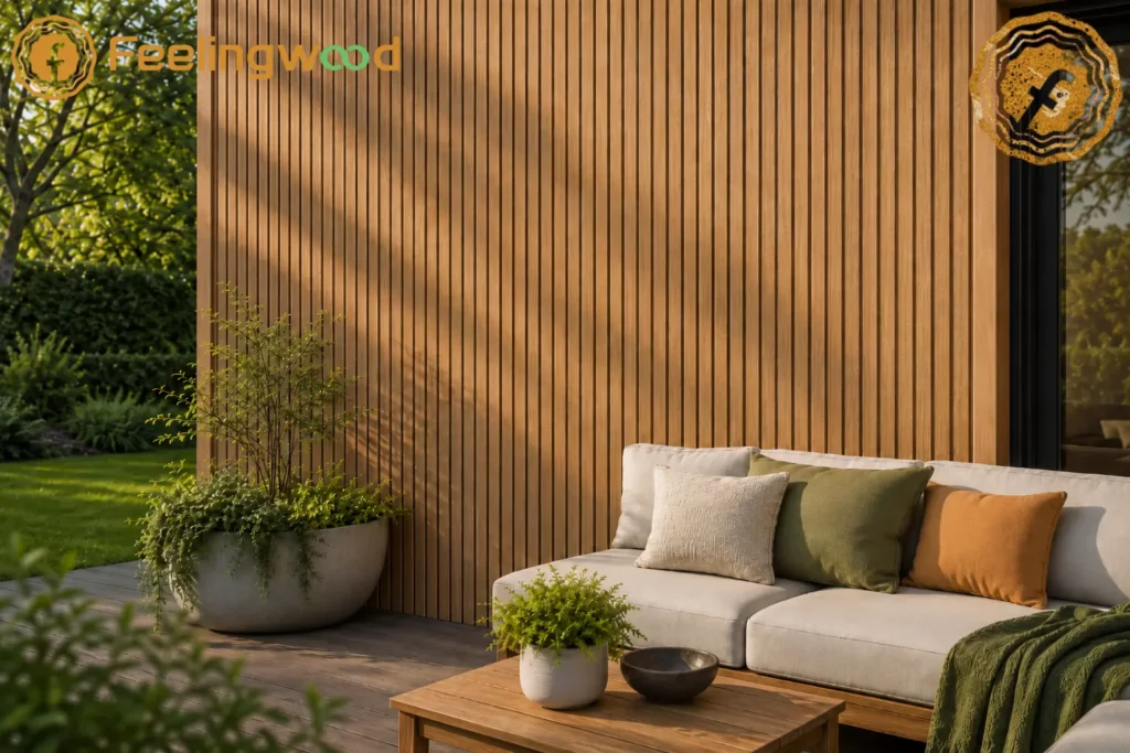 FeelingWood Golden Teak WPC fluted cladding on a modern outdoor patio wall with sofa, greenery, and warm natural light.