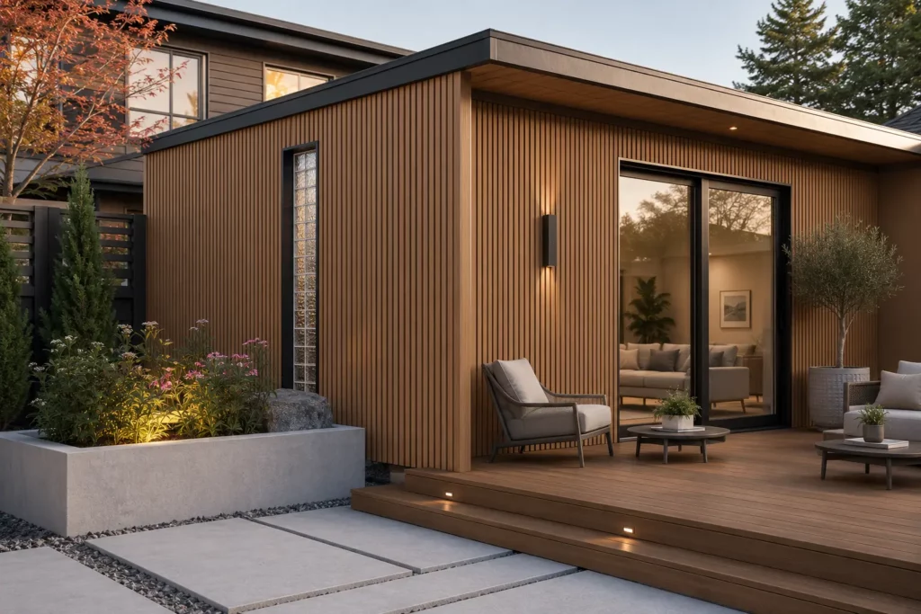 Modern Canadian exterior with vertical WPC cladding, coordinated decking, finished corners, lighting, and landscaping for a complete home upgrade.