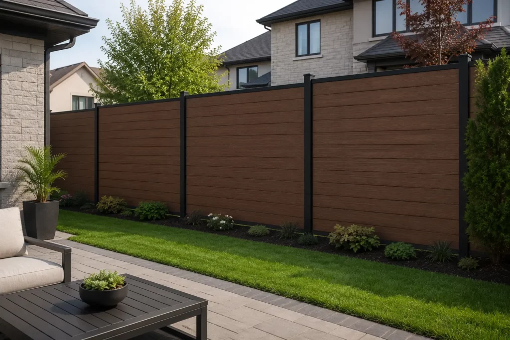 WPC privacy fence in a Canadian backyard with a clean lawn, patio area, and stable long-term outdoor appearance.